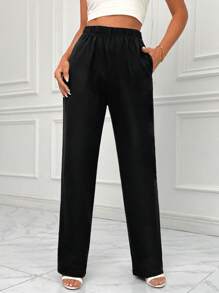 SHEIN Essnce Solid Slant Pocket Straight Leg Trousers - Black - View 1