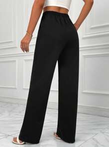 SHEIN Essnce Solid Slant Pocket Straight Leg Trousers - Black - View 2