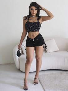愛心圖案吊帶上衣&側抽繩短褲 - 黑與白 - 查看 1