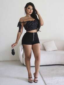 愛心圖案吊帶上衣&側抽繩短褲 - 黑與白 - 查看 3