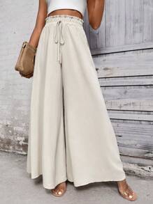 SHEIN LUNE Paperbag Waist Knot Front Wide Leg Trousers - Khaki - View 2