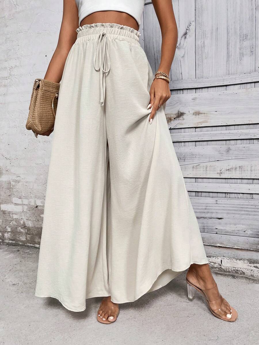 SHEIN LUNE Paperbag Waist Knot Front Wide Leg Trousers - Khaki - View 1