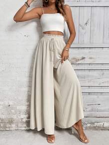 SHEIN LUNE Paperbag Waist Knot Front Wide Leg Trousers - Khaki - View 5