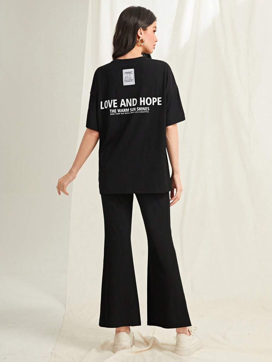 Mulvari 标语图案落肩 T 恤和喇叭裤 2 件套 - 黑色 - 查看 1