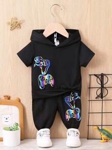 嬰兒男童遊戲手柄印花連帽t恤和運動長褲 - 黑色 - 查看 1