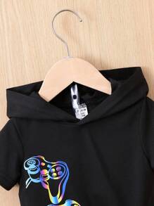 嬰兒男童遊戲手柄印花連帽t恤和運動長褲 - 黑色 - 查看 4