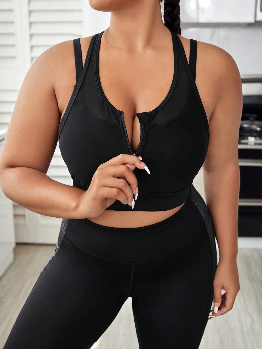 Yoga Basic Plus Zip Up Racer Back Sports Bra - Black - View 1