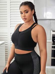 Yoga Basic Plus Zip Up Racer Back Sports Bra - Black - View 3