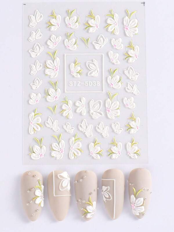 1slice 5D Relief Three-Dimensional Rose Camellia Butterfly Green Leaf Nail Sticker Nail Decoration Glue Back Self-Adhesive Nail Decal, White Diy Nail Decoration, Three-Dimensional Elegant Nail Decoration Nail Charms Nail Supplies Nail Gems Nail Stickers