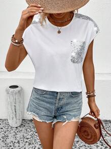 SHEIN LUNE Contrast Sequin Patched Pocket Batwing Sleeve Tee - White - View 5