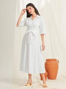 Mulvari 素色腰帶襯衫連衣裙 - 白色 - 查看 2