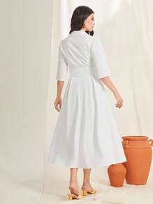 Mulvari 素色腰帶襯衫連衣裙 - 白色 - 查看 3