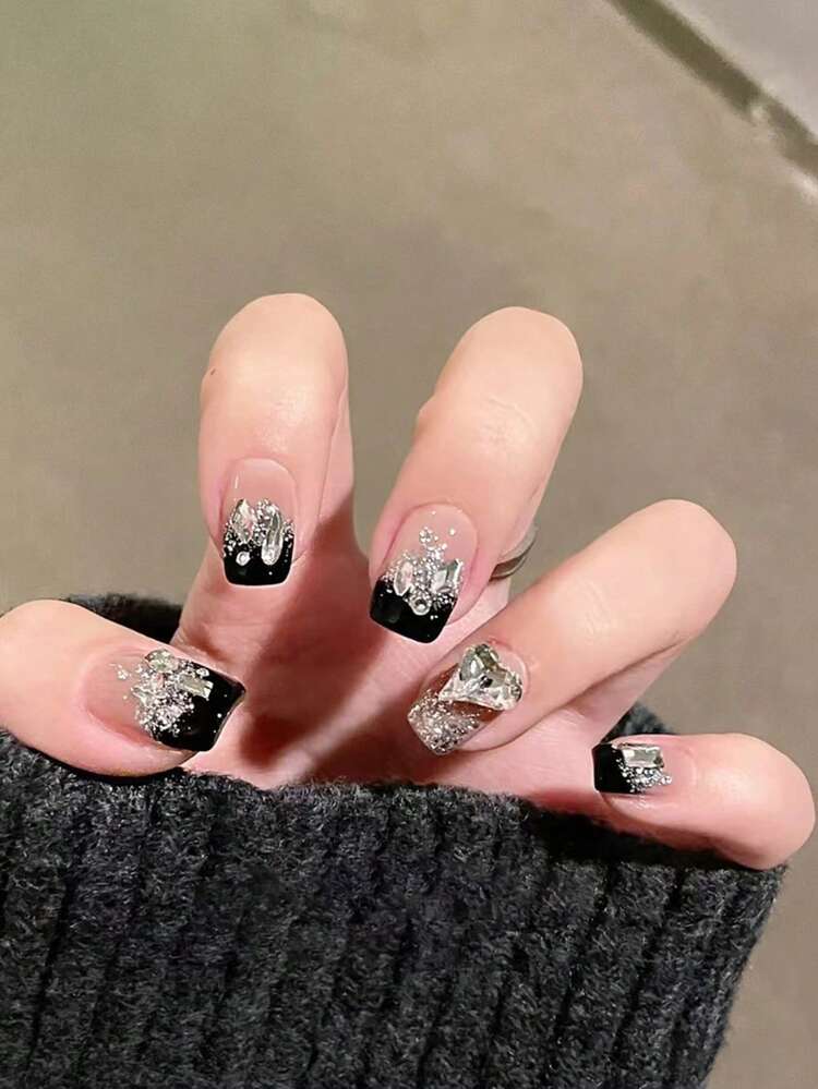 Get Glamorous With 24pcs Short Square 3D Rhinestone Decor Full Cover Fake Nail Kit - Multicolor - View 1