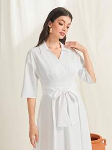 Mulvari 素色腰帶襯衫連衣裙 - 白色 - 查看 4