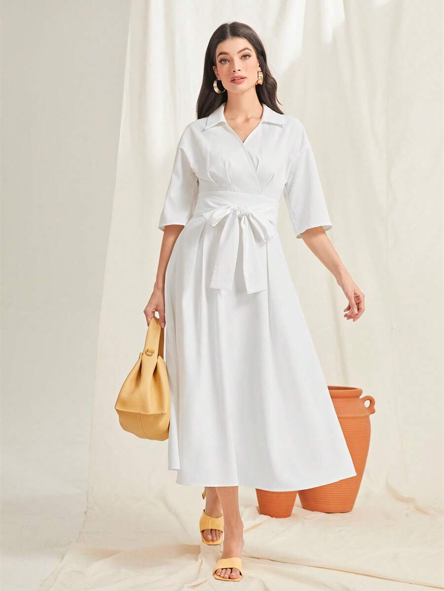 Mulvari 素色腰帶襯衫連衣裙 - 白色 - 查看 1