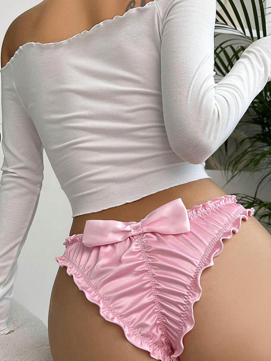 Ruched Frill Trim Bow Back Panty Bow Tie