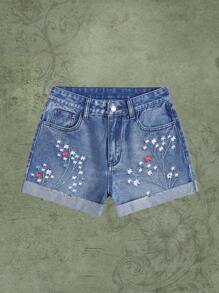 ROMWE Fairycore Quần short denim nữ Nút Thêu Túi Hoa - Rửa tối - Xem 1