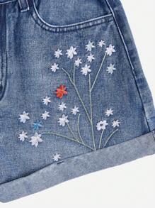 ROMWE Fairycore Quần short denim nữ Nút Thêu Túi Hoa - Rửa tối - Xem 3