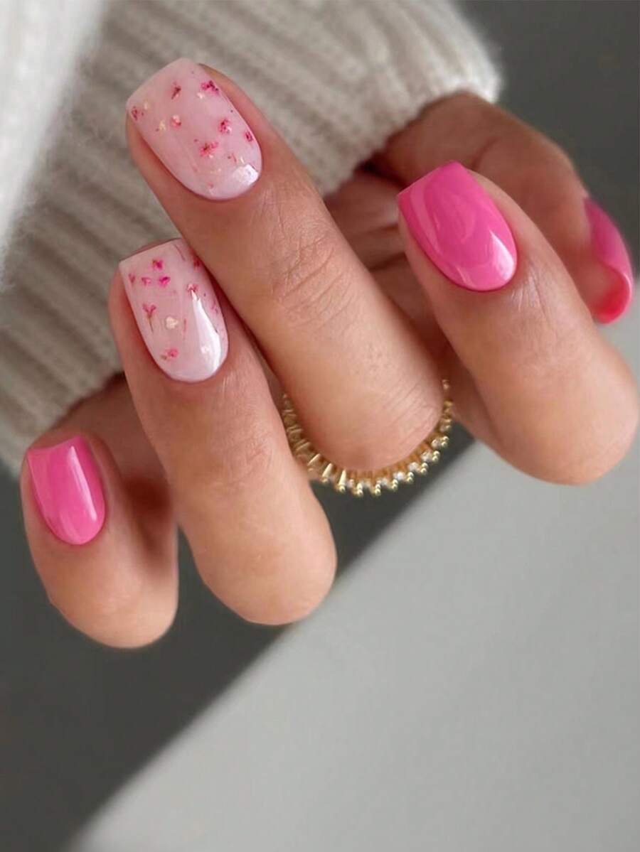 Upgrade Your Look With 24pcs Short Square Floral Pattern Full Cover Fake Nail Kit - Multicolor - View 1