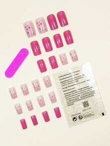 Upgrade Your Look With 24pcs Short Square Floral Pattern Full Cover Fake Nail Kit - Multicolor - View 2