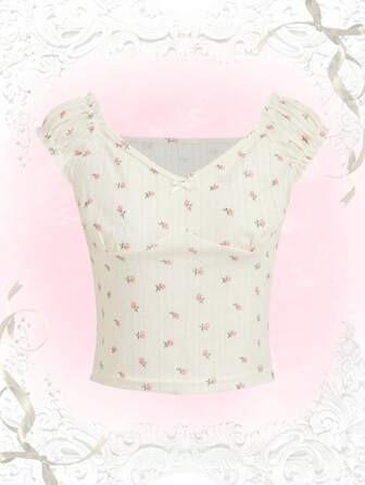 Kawaii T-shirt Imprimé Floral Manches Bouffantes