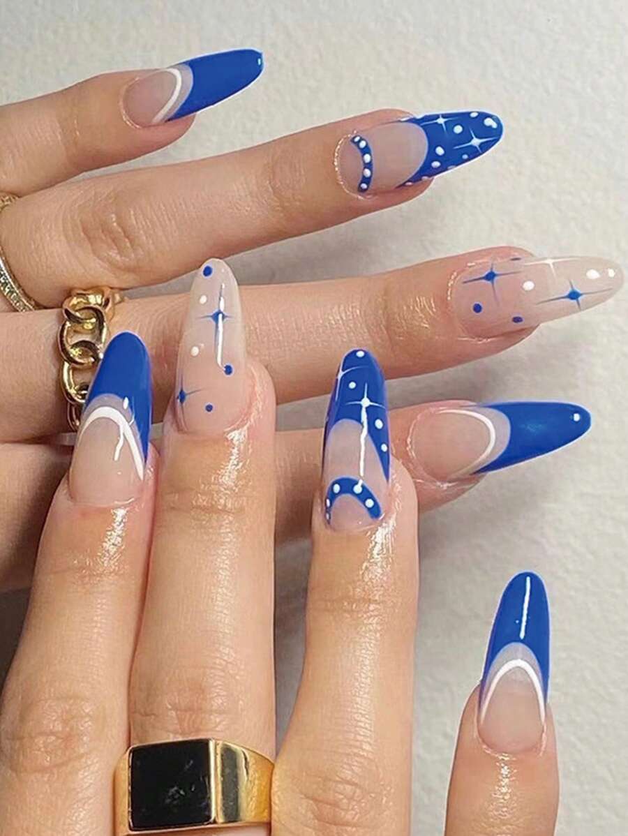 Get Glamorous With 24pcs Long Almond Star Pattern Full Cover Fake Nail Kit Nails - Multicolor - View 1