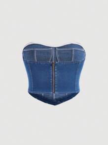 SHEIN áo denim kích thước lớn Bất đối xứng Dây kéo màu trơn Giải trí - Rửa trung bình - Xem 2