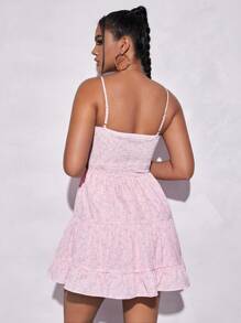 SHEIN PETITE 碎花胸部褶皺荷葉邊吊帶連衣裙 - 粉色 - 查看 2