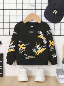 SHEIN 男嬰可愛街頭塗鴉印花寬鬆圓領套頭衫 - 黑色 - 查看 1