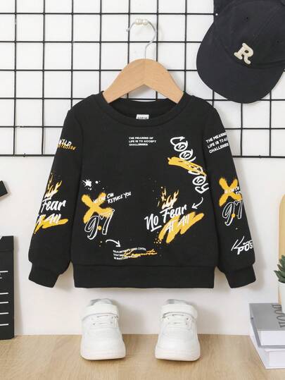 SHEIN 男嬰可愛街頭塗鴉印花寬鬆圓領套頭衫