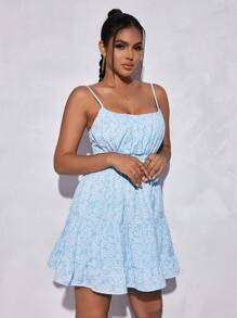 SHEIN PETITE Ditsy Floral Print Ruffle Hem Cami Dress - Blue - View 3
