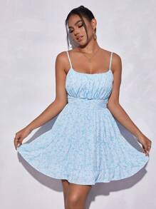 SHEIN PETITE Ditsy Floral Print Ruffle Hem Cami Dress - Blue - View 5