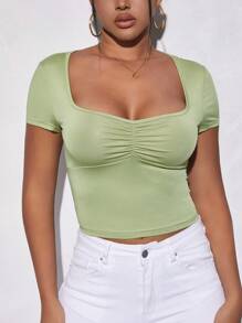 SHEIN EZwear Ruched Bust Crop Tee - Green - View 1