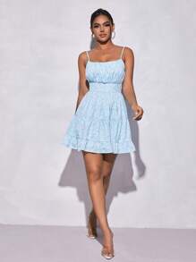 SHEIN PETITE Ditsy Floral Print Ruffle Hem Cami Dress - Blue - View 6