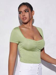SHEIN EZwear Ruched Bust Crop Tee - Green - View 4