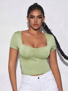 SHEIN EZwear Ruched Bust Crop Tee - Green - View 6