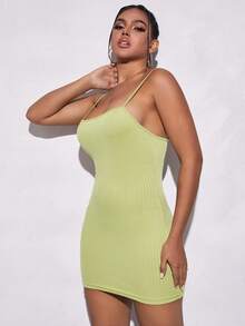 SHEIN PETITE 素色吊帶緊身連衣裙 - 橄欖綠 - 查看 5