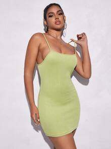 SHEIN PETITE 素色吊帶緊身連衣裙 - 橄欖綠 - 查看 6