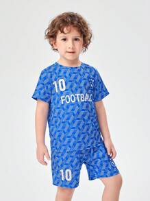SHEIN 小男童字母圖案T恤和短褲 - 藍白色 - 查看 1