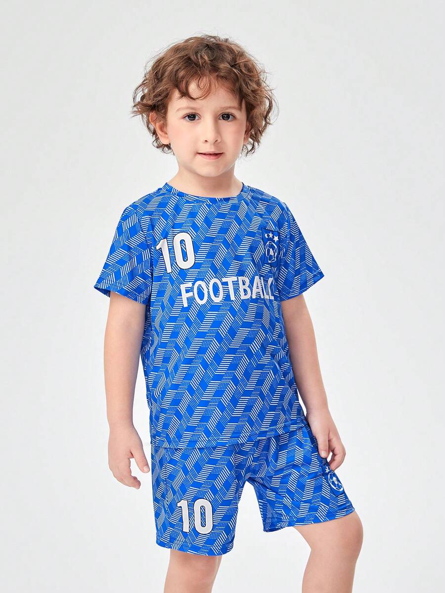SHEIN 小男童字母圖案T恤和短褲 - 藍白色 - 查看 1