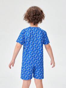 SHEIN 小男童字母圖案T恤和短褲 - 藍白色 - 查看 2