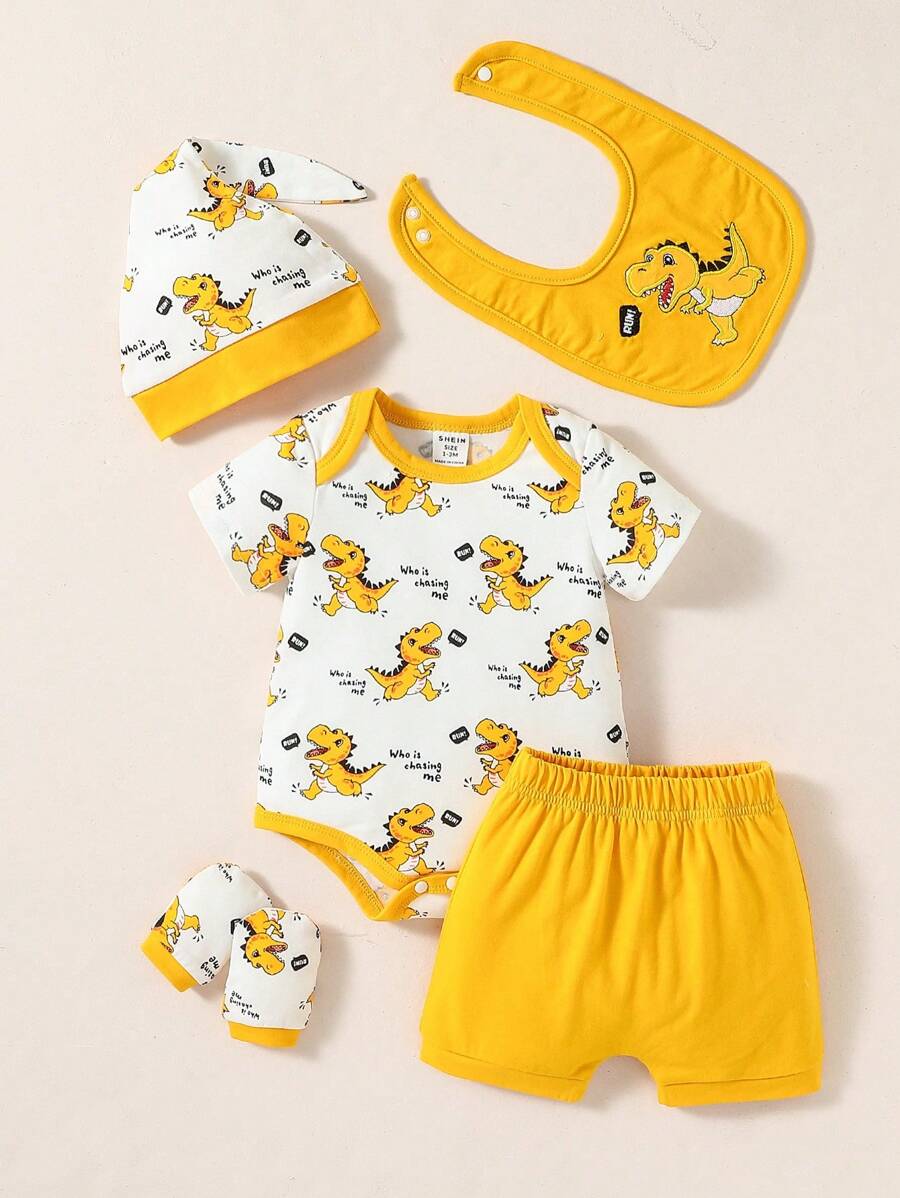 Baby Boy Summer Casual Cartoon Printed Bodysuit And Shorts Set - Multicolor - View 1