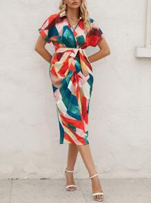 SHEIN VCAY Allover Print Batwing Sleeve Belted Dress - Multicolor - View 1