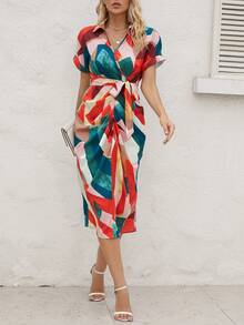 SHEIN VCAY Allover Print Batwing Sleeve Belted Dress - Multicolor - View 5