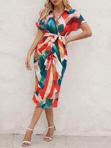 SHEIN VCAY Allover Print Batwing Sleeve Belted Dress - Multicolor - View 6