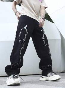 Manfinity EMRG Loose Men's Cotton Lightning Print Straight Leg Jeans