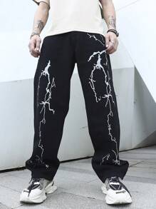 Manfinity EMRG Loose Men's Cotton Lightning Print Straight Leg Jeans