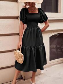 SHEIN Frenchy Đầm Viên lá sen Dải chun màu trơn Boho - màu đen - Xem 1