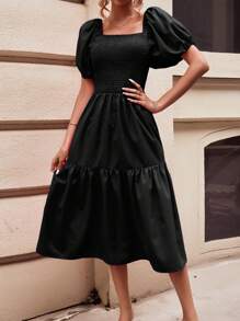 SHEIN Frenchy Đầm Viên lá sen Dải chun màu trơn Boho - màu đen - Xem 3