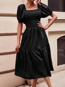 SHEIN Frenchy Đầm Viên lá sen Dải chun màu trơn Boho - màu đen - Xem 5